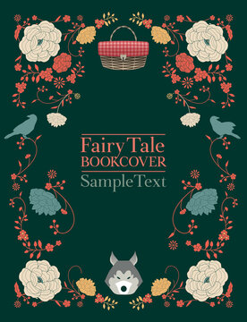 Ornamental frame of flowers and animals for fables and fairy tales. Vintage style storybook cover