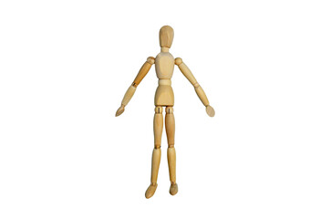 Wooden figure mannequin isolated on white background. Flat lay. Copy space
