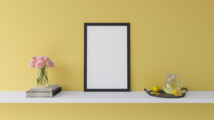 White frame with decor on yellow background. 3D render