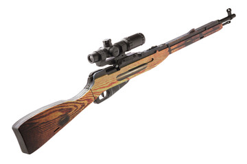Wooden toy single shot rifle with telescopic sight, isolated on white background