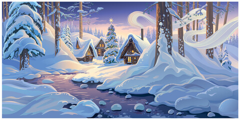 Winter fairy tale landscape, with houses and festive christmas fir tree, in a winter snowy forest.