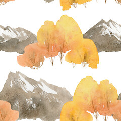 fall mountain digital paper, watercolor fall seamless pattern, fall mountain landscape clipart, autumn mountain background, isolated elements on white background