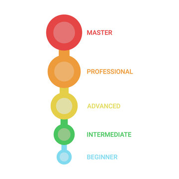 Scheme of level of skills, growth success and achievement, diagram step in business. Title and competence of person. Beginner, medium, advanced, professional, master. Vector illustration