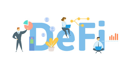 DeFi, Decentralized Finance. Concept with keyword, people and icons. Flat vector illustration. Isolated on white.