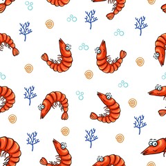 The pattern of shrimp corals and shells is isolated on a white background.