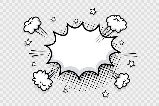 Comic speech bubble with smoke clouds on transparent background. Pop art message shape with speed effect. Balloon text box. Cartoon explosion bomb frame. Funny sky air objects. Vector illustration.