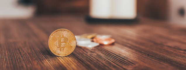 Banner web Bitcoin. Crypto coin. Moneta digitale 