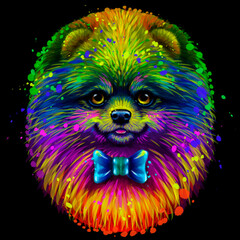 Spitz. Abstract, neon, artistic portrait of a cute Pomeranian  small German spitz dog  in the style of pop art on a black background. Digital vector graphics