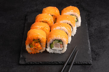 Philadelphia Sushi Rolls Set with Salmon and Cream Cheese. Japanese cuisine. Tasty food. Fish and rice.