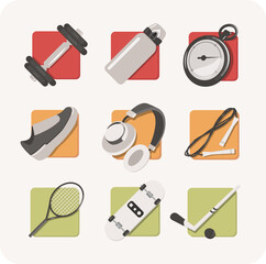 Icons for fitness, sport, gymnastics, yoga, stretching, charging, running, workout, gym in flat style