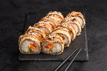 A set of sushi from many types of roles. Sushi menu. Japanese gourmet sushi.