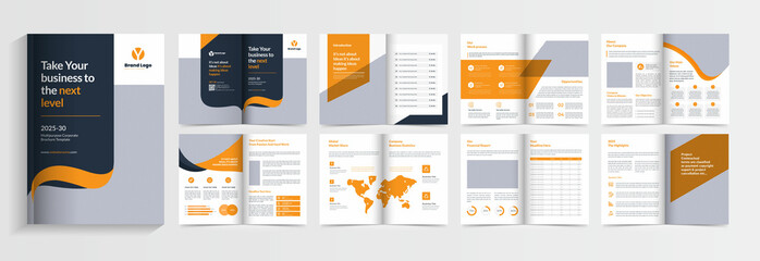 Fototapeta na wymiar Orange business brochure template layout design, business profile template design,16 pages, annual report,minimal, editable businss brochure