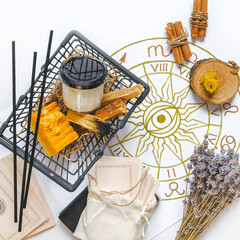 Wellness, mental health. Gift for meditation at home with palo santo care aromatherapy, wellness, meditation, spa, relaxation, occult, spiritual cleansing
