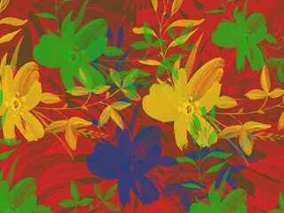 Seamless pattern with flowers , leaves and leaf. Creative work hand drawing, design background. Digital art illustration