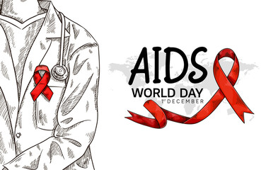World AIDS Day with doctor wearing red ribbon and world map hand drawn style. Vector can be use for poster, campaign and banner