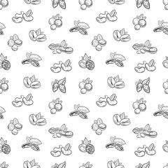 seamless pattern, NUTS, different nuts, black and white outline illustration. - obrazy, fototapety, plakaty