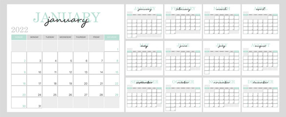 Calendar for 2022 year in clean minimal table simple style. Set of 12 months 2022 pages. Vector illustration	
