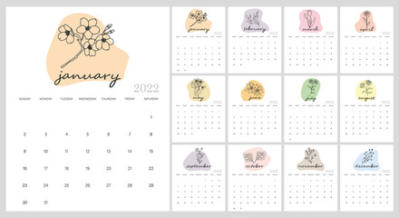 2022 calendar template with floral design. Vector illustration.	
