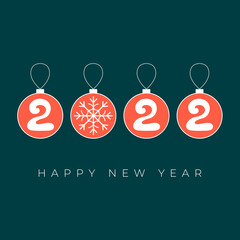 Vector square format Happy New Year 2022 greeting card. Christmas balls