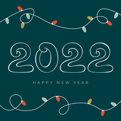 Vector square format Happy New Year 2022 greeting card. Christmas lights frame