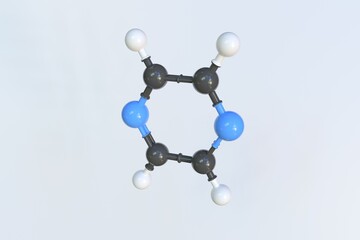 Pyrazine molecule, isolated molecular model. 3D rendering