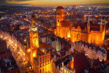 Beautiful architecture of the old town in Gdansk at dusk. Poland.