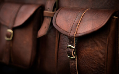 Leather bag luggage - close up of side pocket on a generic brown leather bag with a rustic design...