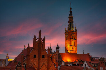 Beautiful architecture of the old town in Gdansk at dusk. Poland.