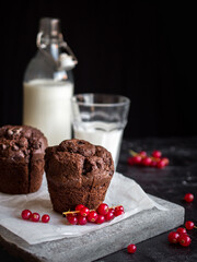 Chocolate muffins, red currants and fresh milk. Beautiful food, Christmas, holiday, birthday, special occasions