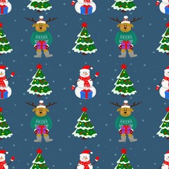  Pattern with snowman,Christmas tree,deer with gifts on a blue background.