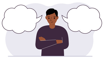 A satisfied man tries to make the right decision. Left and right are empty bubbles. Comparison of the two solutions.