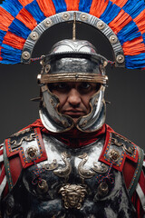 Roman centurion with plumed helmet staring at camera