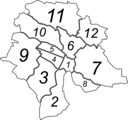 Simple white vector map with black borders and Arabic numbers name tags of urban city districts of Zurich, Switzerland