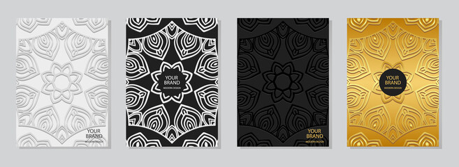 Set of cover design, vertical templates.Geometric 3D pattern, ethnic beautiful collection of floral embossed backgrounds with folk art elements. Eastern, Indian, Mexican, Aztec style.