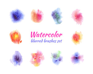 watercolor paint strokes set isolated on white background, colorful, different colors paint drops.