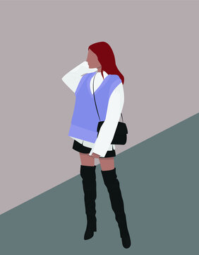A girl in black long boots, a black skirt, a white shirt, a vest and a black bag. Vector flat illustration of a young lady. Design for cards, posters, backgrounds, cartoons, templates, avatars.