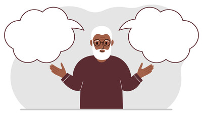 A satisfied grandfather tries to make the right decision. Left and right are empty bubbles. Comparison of the two solutions.