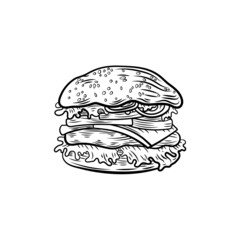 retro style burger illustration, black outline borger isolated. - obrazy, fototapety, plakaty