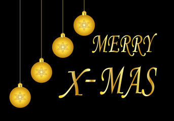 Felicitación navideña  con bolas de Navidad en escalera, copos de nieve en blanco  y el texto Feliz Navidad abreviado en dorado sobre fondo negro