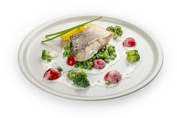 Pike perch on a vegetable pillow . Isolated on a white background.