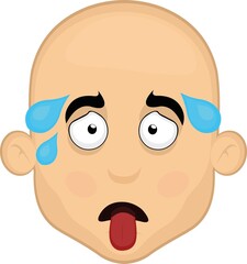 Vector illustration of a cartoon bald man's face with an exhausted expression, with his tongue hanging out and drops of perspiration

