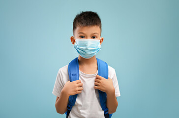 Health care and education. Portrait of asian schoolboy wearing medical face mask