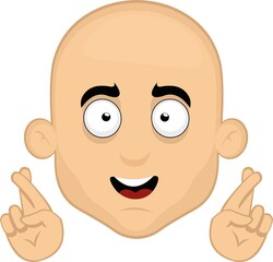 Vector illustration of the face of a cartoon bald man, crossing his fingers in the concept of good luck