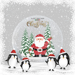 Merry Christmas gift snow globe with santa claus,  inside,penguinon playing on snow,Winter wonderland scenery with Glass snow ball 3d design  on grey background, New year 2022