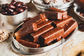 Assortment of delicious chocolate candies background. Chocolate candy isolated 