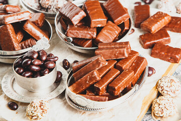 Assortment of delicious chocolate candies background. Chocolate candy isolated 