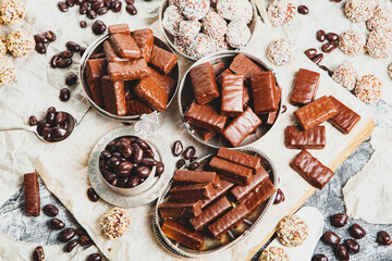 Assortment of delicious chocolate candies background. Chocolate candy isolated 