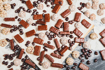 Assortment of delicious chocolate candies background. Chocolate candy isolated 