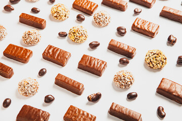 Assortment of delicious chocolate candies background. Chocolate candy isolated 
