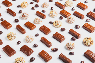 Assortment of delicious chocolate candies background. Chocolate candy isolated 